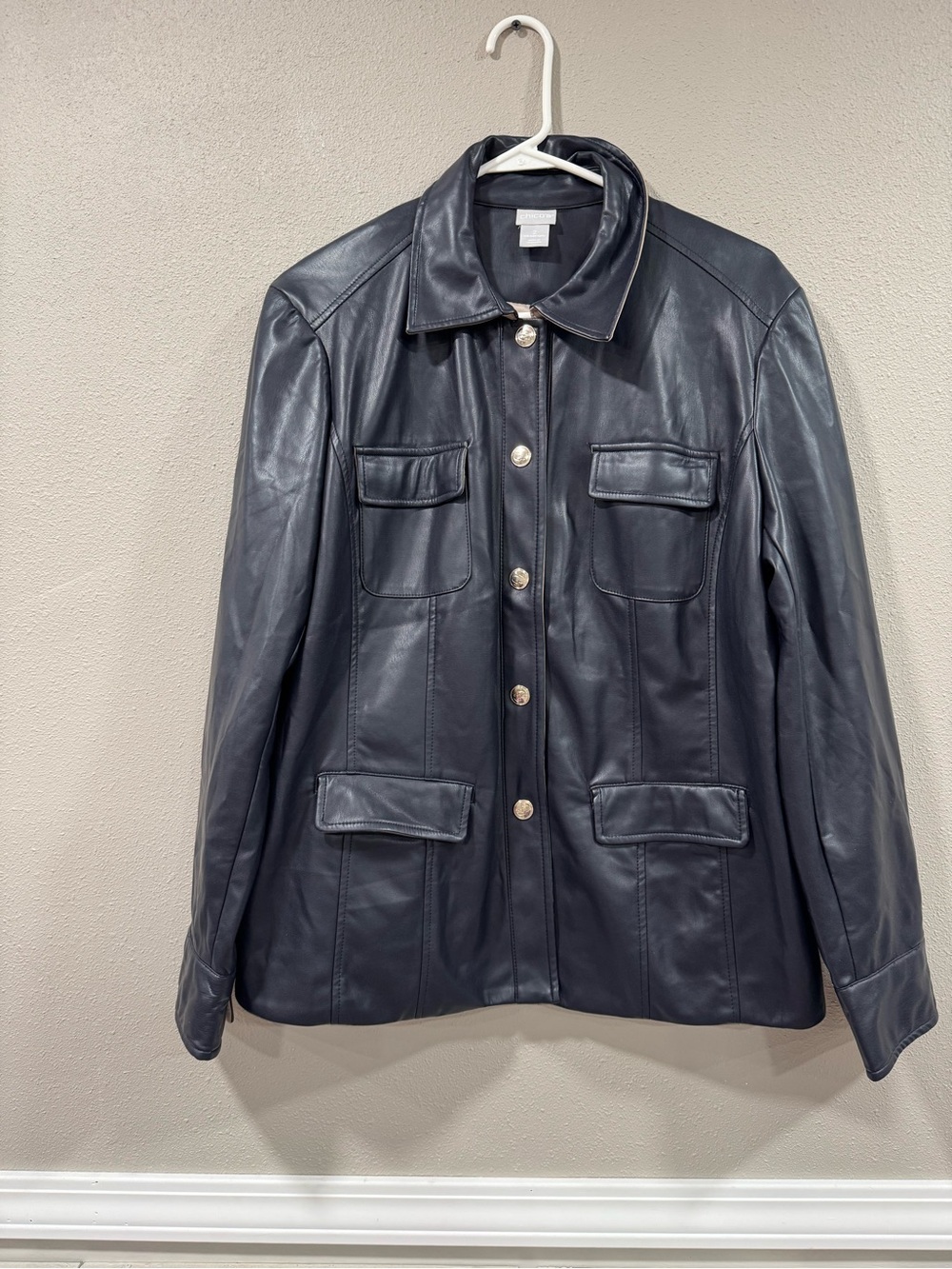 Chico's Navy Leather Button-Front Jacket - Picture 3 of 8